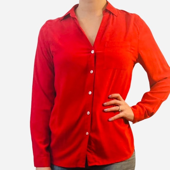 Vintage Cherry Red Button Down Silk Blouse, Small - Picture 1 of 5